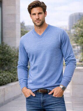 Ethan Pierce Men's Light Blue 100% Merino Wool V-Neck Sweater – Men’s Large NWT
